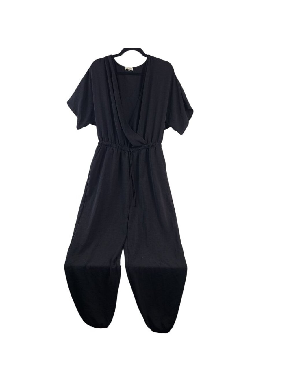 NEW Olivia Grey Black Wrap-Style Jumpsuit Elastic Waist & Pockets Women's Sz L